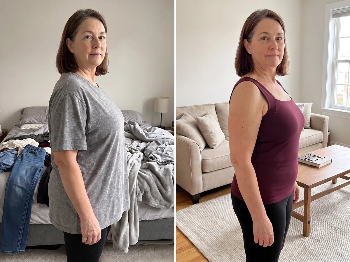Före och efter från sidan: i en löst sittande t-shirt, sedan i Alma-linnet med en uppburen, slät form