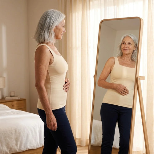 Woman in her 60s wearing the Alma tank in Nude, smiling at herself in a bedroom mirror